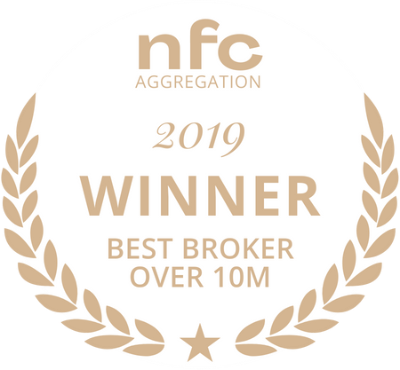 Circular award badge with laurel wreath, reading '2019 WINNER Best Broker Over 10M' (NFC Aggregation).