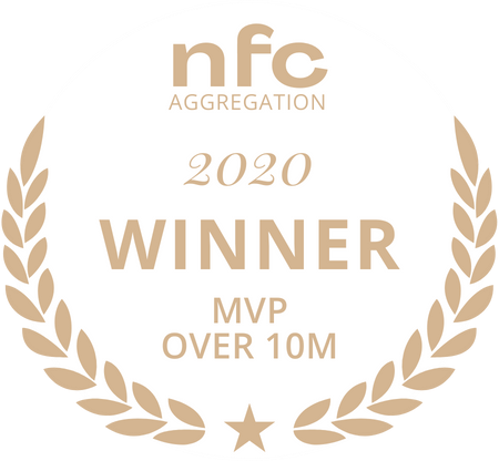 Award badge reading 'nfc Aggregation 2020 Winner MVP Over 10M' with gold laurel wreath.
