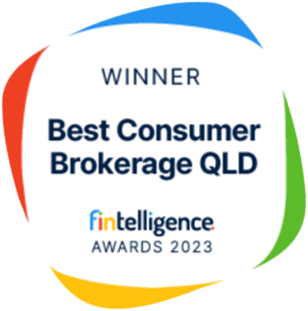 Award badge: Winner Best Consumer Brokerage QLD, Finintelligence Awards 2023, surrounded by blue, red, green and yellow swooshes