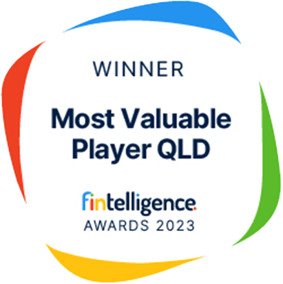 Award badge reading 'Winner Most Valuable Player QLD' with the Fin intelligence Awards 2023 logo encircled by colored arcs.