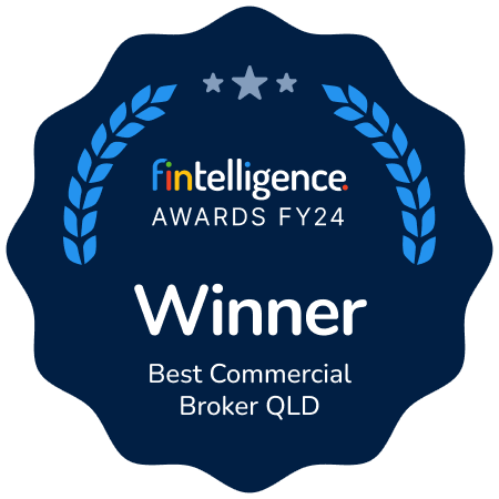 Award badge: Finelligence Awards FY24 Winner — Best Commercial Broker QLD, blue scalloped badge with laurel wreaths.