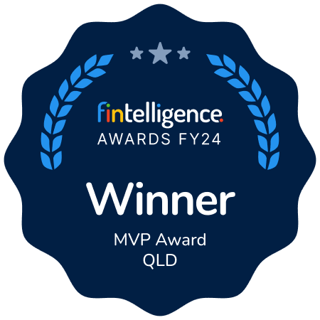 Dark blue award badge with laurel borders, text 'fintelligence AWARDS FY24' and 'Winner MVP Award QLD'