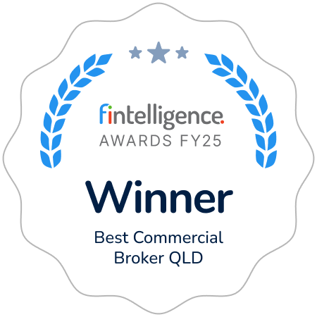 Winner badge for Best Commercial Broker QLD from Fintelligence Awards FY25, framed by blue laurel wreaths.