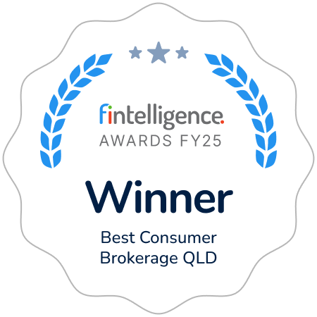 Award badge reading 'Winner, Best Consumer Brokerage QLD' from Fintelligence Awards FY25 with blue laurel wreaths and stars]