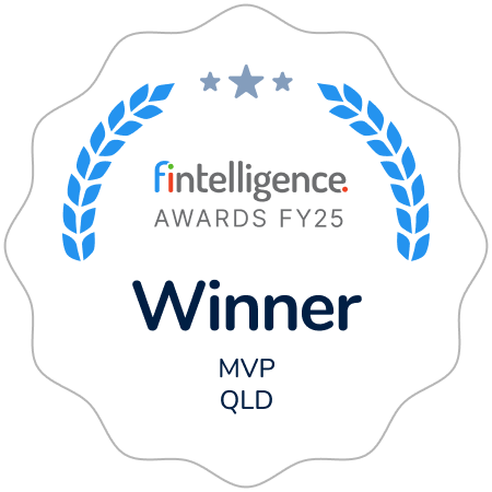 Fin intelligence Awards FY25 winner badge featuring blue laurel wreaths and the text 'Winner' with 'MVP QLD' beneath